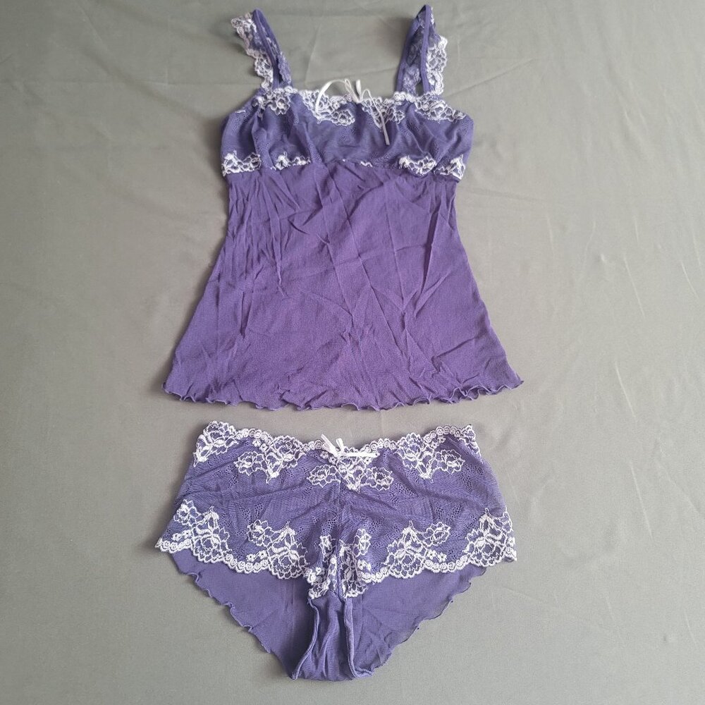 Lingerie Set Womens S* Blue Lace Sheer Tank & Panties Y2K Intimate Stretch Cute